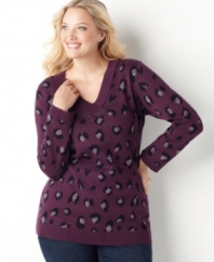 Plus size fashion that flaunts your feline style. This long sleeve sweater from Charter Club's collection of plus size apparel is accented by a metallic animal print. (Clearance)
