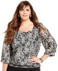 A mixed print beautifies Style&co.'s three-quarter sleeve plus size peasant top-- finish the look with your go-to jeans!
