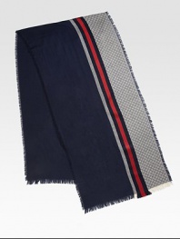 Midnight blue and red in wool/silk with fringe.55% wool/45% silk20W x 79HDry cleanMade in Italy