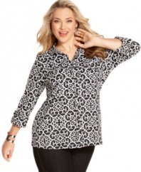 Land polished casual style with Charter Club's three-quarter sleeve plus size shirt, featuring a graphic print.