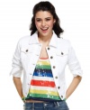 Add neutral balance to your colorful gear with this white wash denim jacket from Jou Jou!