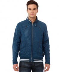 With sporty styling, this moto jacket from Buffalo David Bitton is ready to rev up your style.