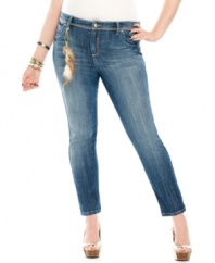 Take your casual style to new heights with Baby Phat's plus size skinny jeans, featuring a cropped design and feather accent.