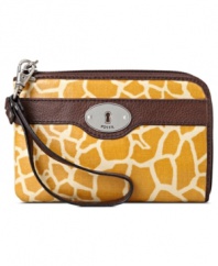 Fancy something wild? Pick up this alluring, animal print purse from Fossil that will carry your cards, cash and coins in style. Adorned with a fun, care-free pattern, signature hardware and detachable wristlet strap, it's all you need when dashing out the door.