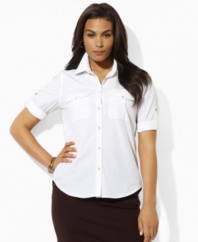 This plus size cotton shirt updates classic workwear styles with chic rolled sleeves, pointed collar and applied placket from Lauren by Ralph Lauren.