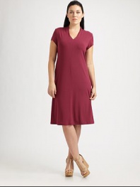 Soft jersey with the perfect amount of Lycra® ensures that this dress will feel as fantastic as you will look when wearing it.V-neckShort sleevesFront and back seamAbout 41 from shoulder to hem92% rayon/8% Lycra®Machine washMade in USA of imported fabric