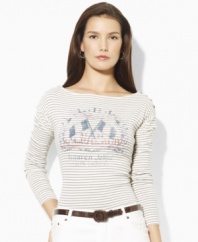 A vintage-inspired graphic and buttons at the shoulders create a chic heritage look on Lauren Jeans Co.'s plus size boatneck tee.
