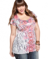 Flaunt your flashy side with One World's short sleeve plus size top, rocking a sublimated print!