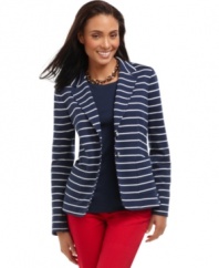 The preppy blazer gets reinvented in a soft knit fabric, from Charter Club. Thin stripes lend a tailored, nautical touch to this petite style-try it with red and white separates!