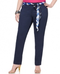 A belted waist lends nautical flair to DKNYC's slim leg plus size pants-- sail into sophisticated casual style!
