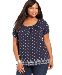 For a perfect weekend look, team Karen Scott's short sleeve henley top with your favorite jeans.