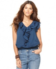 Romantic ruffles adorn the front and sleeves of this petite top from DKNY Jeans. Rendered from chambray cotton, it's essentially springy.