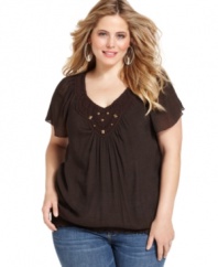 Partner your favorite causal bottoms with AGB's short sleeve plus size peasant top, featuring an embellished neckline.