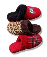 For fireside nights or shower-fresh mornings. Slip your feet into the festive and cozy Holiday Lane slippers by Charter Club.