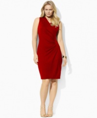 Lauren by Ralph Lauren's plus size dress exudes timeless polish in soft stretch jersey with crisp pressed pleats for a flattering, feminine sheath silhouette that elegantly hugs the body.