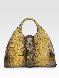 Genuine python, finished with side strap details and a stirrup strap closure.Double top handles, 5 drop Stirrup snap and side hook closures Protective metal feet Inside zip, snap, cell phone and PDA pockets Leather lining 15½W X 9½H X 6½D Made in Italy
