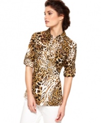 Jones New York Signature's petite shirt is emboldened by a vibrant animal print and made chic with a sleek cut. Go wild pairing with slim-fitting bottoms--it looks stylish with white, black or a bright hue!