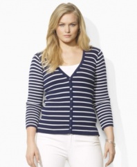 A classic ribbed plus size cardigan is lent nautical-inspired appeal for a preppy finish to any casual ensemble, from Lauren by Ralph Lauren. (Clearance)