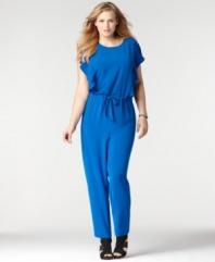 Get the party started with DKNYC's butterfly sleeve plus size jumpsuit, cinched by a drawstring waist.