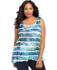 Team your favorite jeans with Style&co.'s sleeveless plus size top, showcasing an eye-catching print.