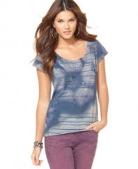 Rendered from 100% cotton, this comfy petite tee from DKNY Jeans is jazzed up with sequins and a faded floral graphic.