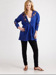 Featuring embroidery, this hoodie would be a stylish addition to any wardrobe. The peplum waist is ultra-feminine and flattering.Attached hoodLong sleevesFront zipperAbout 32 from shoulder to hemCottonMachine washImported