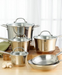A complete set of dependable cookware from a name you know and trust. This 10-piece set is designed with an innovative combination of heat-responsive copper and durable stainless steel for optimum cooking and cleaning results. Tempered glass lids allow you to monitor foods and lock in flavors and nutrients for tender, tastier creations. Set includes: 1.25, 2.5 and 3.5 quart covered saucepans, 8 quart covered stock pot, and 8 and 10 skillets. Lifetime limited warranty.