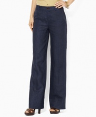 Inspired by smartly tailored menswear, these pinstriped wool petite pants from Lauren by Ralph Lauren are crafted with a chic, wide leg for an ultra-feminine silhouette.