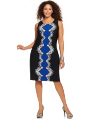 Wow them at work in Alfani's sleeveless plus size dress, highlighted by a slenderizing scarf print.