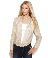 INC's collarless petite jacket is made extra luxe with chic laser-cut details at the bottom. A scalloped hem finishes the look.