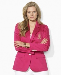 This plus size Lauren by Ralph Lauren jacket is crafted in sleek stretch cotton twill with a signature embroidered crest for a preppy look.