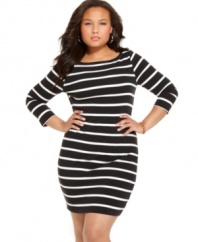 Strut your stuff in stripes with Soprano's three-quarter sleeve plus size dress-- it's so on-trend for the season!