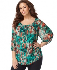Revamp your casual style this season with Calvin Klein's three-quarter sleeve plus size peasant top-- it's a must-have!
