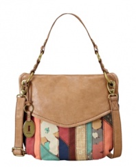 Get pretty in patchwork with this boho beautiful cargo flap bag by Fossil. Aged goldtone hardware and an optional crossbody strap add the perfect finishing touches to this laid back look.