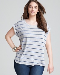 Upgrade your off-duty ensemble with this Love Ady Plus tee, flaunting crisp neon stripes and an on-trend high/low hem.