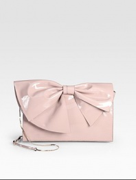 A chic, yet feminine style with a large patent leather bow front.Detachable adjustable shoulder chain strap, 21½-22 dropMagnetic snap flap closureOne inside zip pocketTwo inside open pocketsSatin lining11¼W X 7H X 1¼DMade in Italy