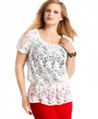 Add a romantic feel to your casual style with INC's short sleeve plus size top, crafted from on-trend lace.