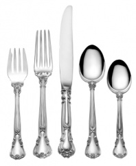 With all the grace and elegance of Chantilly lace, this sterling silver flatware set is crafted for a lifetime of special occasions. Detailed engravings distinguish teardrop-shaped handles, adding an element of antique finery to formal table settings.