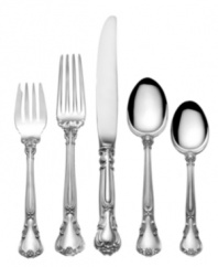 With the grace and elegance of Chantilly lace, this sterling silver flatware from Gorham's collection of place settings is crafted for a lifetime of special occasions and with oversized forks and knives. Detailed engravings distinguish teardrop-shaped handles, adding an element of antique finery to formal atmospheres.