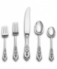 The traditional rose point design found in the wedding veils of queens and princesses is eloquently captured in this stunning sterling silver flatware set from Wallace.