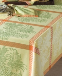 Get a feel for island life with Tommy Bahama's easy-care, easy breezy Pineapple Jacquard tablecloth. Stenciled pineapples and lattice trim in citrus shades create the laid-back setting you crave.