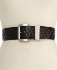 Steve Madden takes the basic leather belt up a notch with this diamond-quilted creation. Gains attention with the simplest of details.