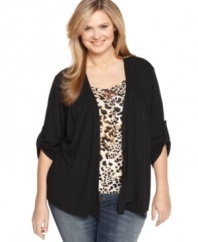 Snag fierce style with Cable & Gauge's plus size layered look top, including a cardigan and leopard print inset.