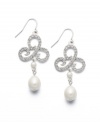 Vintage appeal. Embrace a glamorous, retro look in Lauren by Ralph Lauren's intricate scroll drop earrings. Crafted in silver tone mixed metal with sparkling, pave-set glass accents and a glass pearl drop (4 mm). Approximate drop: 1-1/2 inches.
