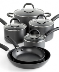Crafted for your convenience. Hard-anodized aluminum cookware features a superior nonstick finish that promotes healthier cooking, a fast, even heat-up and a quick clean-up. Packed with all of the durable essentials the at-home gourmet chef demands. Limited lifetime warranty.