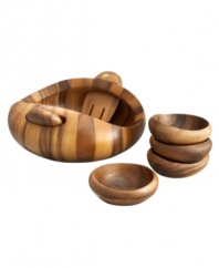 Wood works. Nambe's richly grained Pebble serveware set features beautiful acacia salad bowls with curves that look stunning and prevent spills. Handy servers fit neatly inside the serving bowl when you're not whisking it to and from the table.