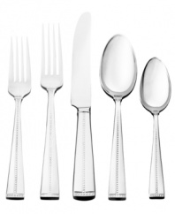 Bold and sophisticated, the Bella flatware set lends contemporary cool to casual tables. Dotted lines divide squared handles in shiny stainless steel by Hampton Forge.