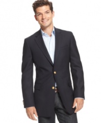 A timeless American standard. This good-looking navy blazer offer a trim fit and classic gold-button details.