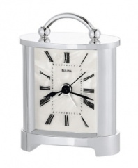 A lustrous dial lends a sophisticated spirit to this tabletop alarm clock by Bulova. Rectangular chrome-finished metal case with handle at top and curved protective lens. Features beep alarm.