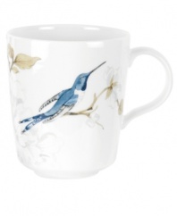 Abuzz with hummingbirds, the airy and bright Nectar mug brings the outdoors in. Versatile bone china formed in Spode's impressions dinnerware shape with a crisp white glaze complements serene country settings.